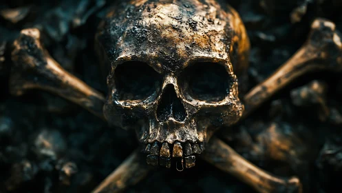 Corroded human skull and crossed femurs in dramatic macro focus