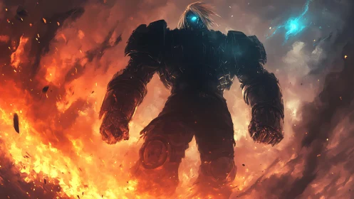 Armored titan strides through firelit battlefield sky