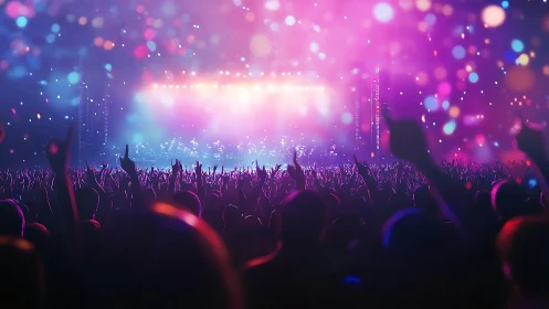 Electric crowd below neon-lit concert stage in motion.