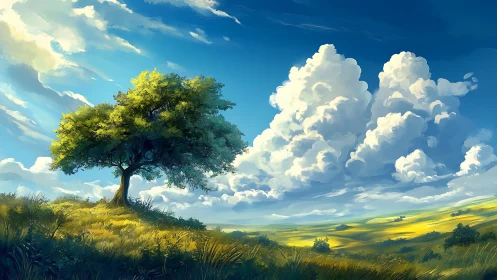 Lone hillside tree under towering sunlit summer clouds.