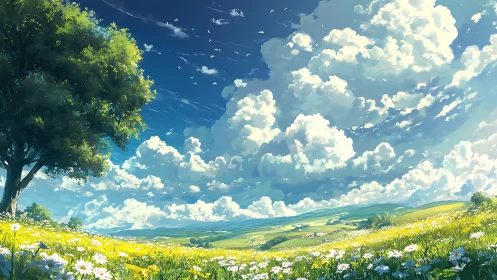 Sunlit meadow stretches under friendly clouds and bright sky