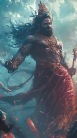 Stormlit warrior god striding through swirling skyfire.