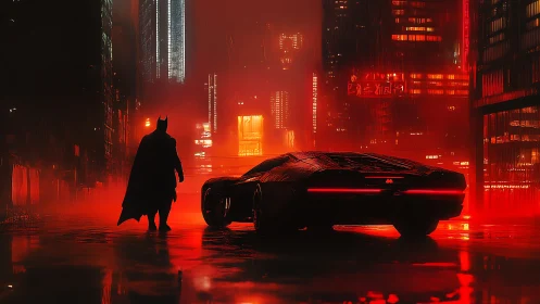 Midnight vigil beside a neon-lit hero car in red rain.