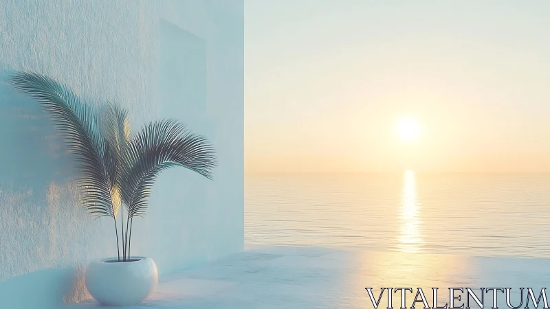 Coastal minimalism with potted palm under low solar horizon.