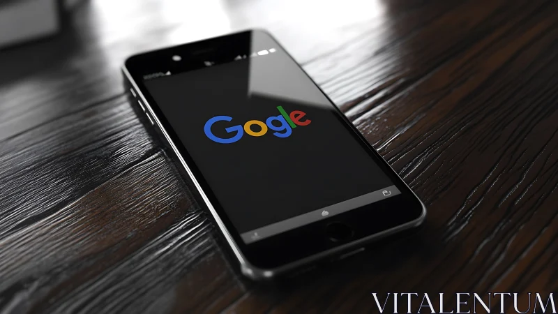 Smartphone displaying Google logo on wooden surface with shallow depth of field