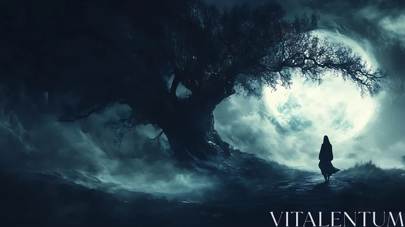 Silhouetted figure walks beneath vast moonlit tree