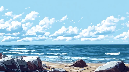 Stylized rocky shoreline under stratocumulus clouds in clear light