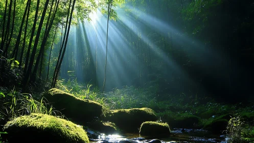 Sunbeams cut through tranquil bamboo forest at mossy stream