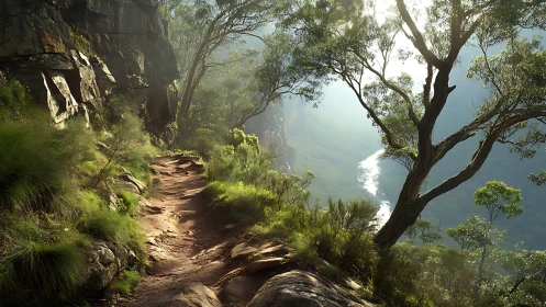 Sunlit cliffside trail overlooks winding river gorge below