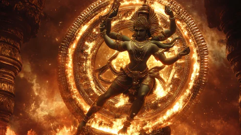 Divine multi-armed dancer within blazing golden halo ring.