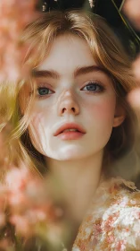 Close-up portrait of young woman framed by soft flowers.