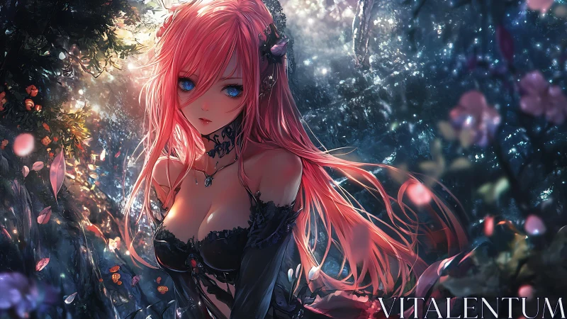 Mystical red haired anime girl glows in an enchanted forest