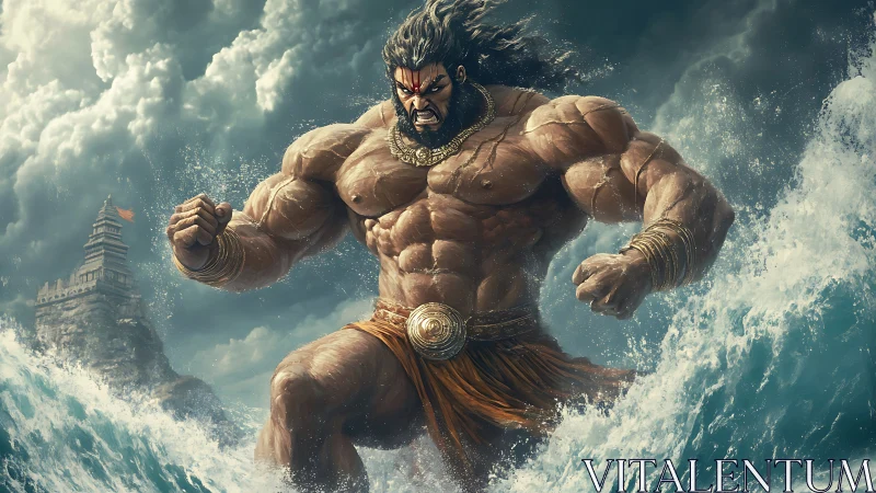 Colossal warrior strides through stormy ocean waves decisively.