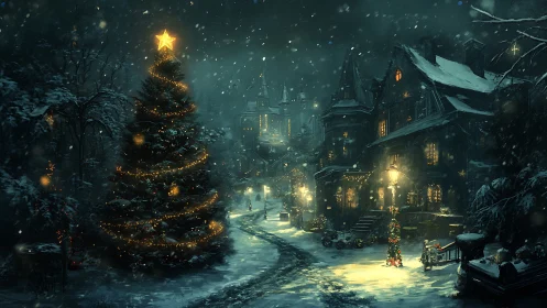 Snowy village street with large decorated Christmas tree.