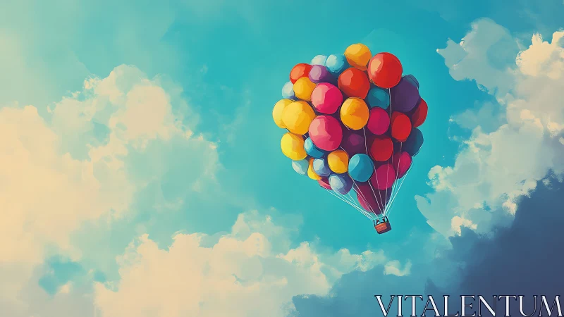Colorful balloon cluster carries basket across bright sky.