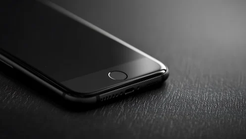 Sleek black smartphone rests on textured surface in professional product shot.