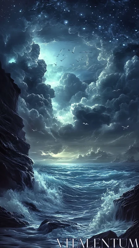 Luminous storm-tossed seascape under celestial vortex sky
