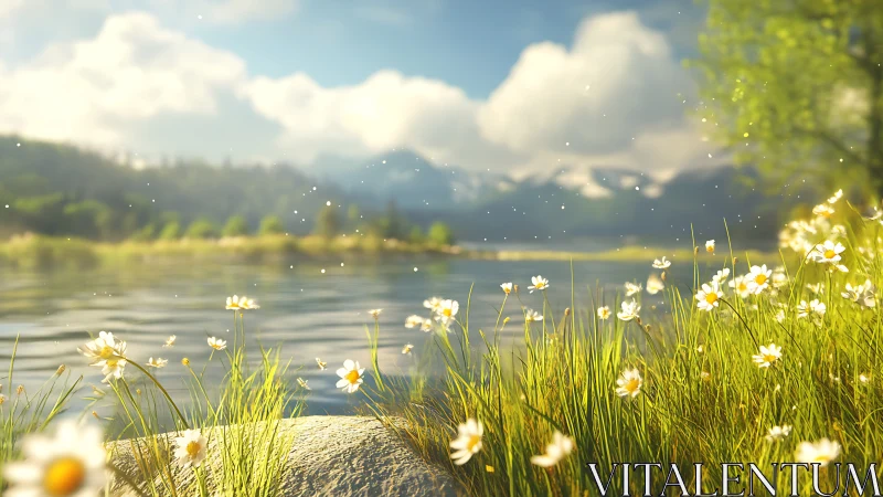 Sunlit riverbank daisies under soft mountain clouds.