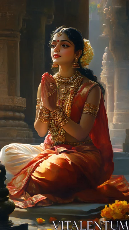 Woman in traditional attire praying in temple interior.