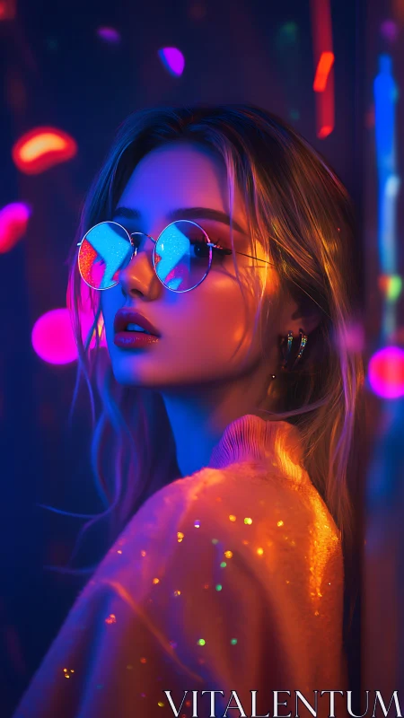 Neon-lit portrait with reflective glasses and bokeh glow.