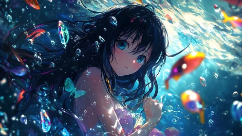 Anime girl underwater among glowing fish and bubbles.