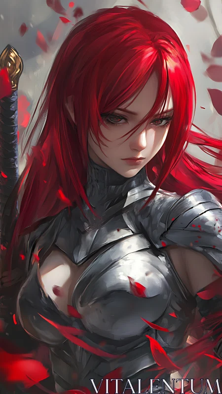 Armored red haired swordswoman rendered with dynamic petal motion