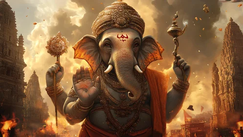 Detailed digital depiction of Ganesha amid towering temples.