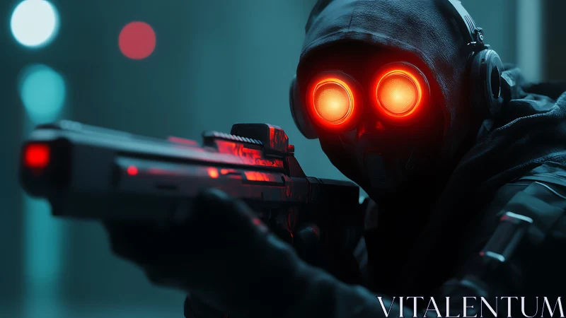 Mysterious cyber sniper with glowing red goggles waits calmly.