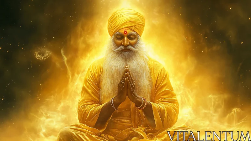 Luminous sage in golden meditation amid swirling cosmic light.