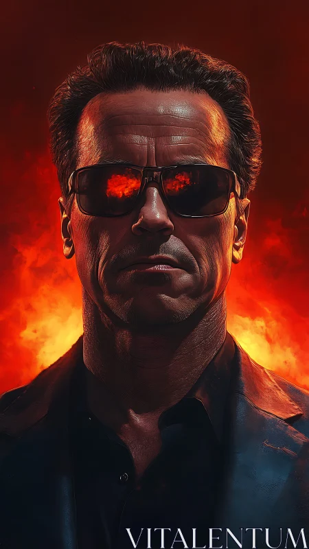 Steel‑jawed sentinel before inferno, sunglasses catching fire.