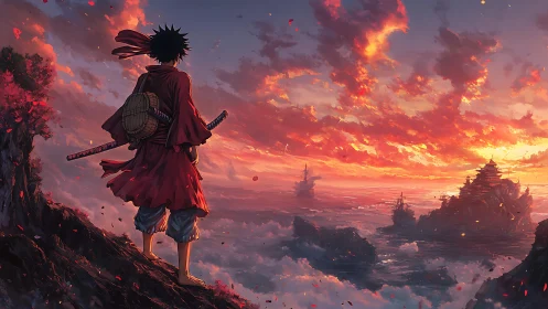 Cloaked swordsman overlooking stormy seascape at sunset
