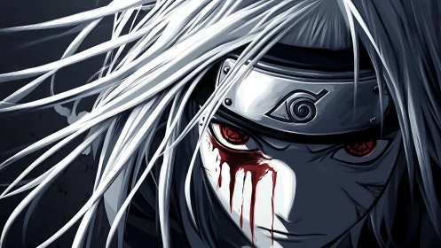 Intense ninja portrait with bleeding red eye and headband