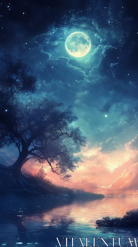 Moonlit river hush beneath dreaming twilight clouds.