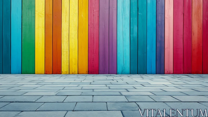 Vertical rainbow timber wall with paved stone foreground plane