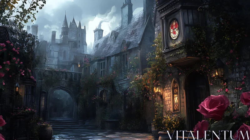 Gothic rose-lined alley with illuminated castle windows at dusk.