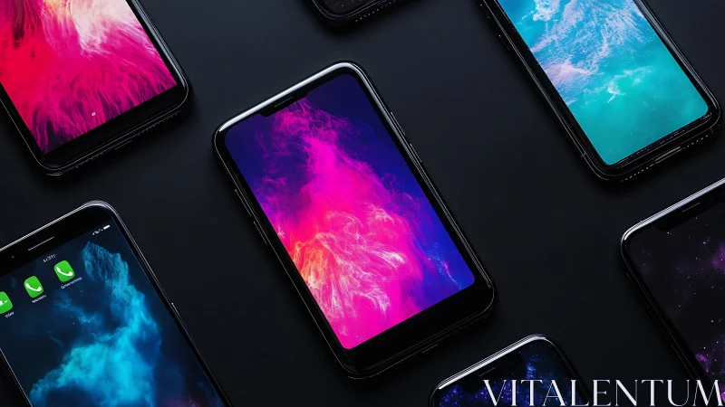 Smartphones display neon gradient clouds on black background.