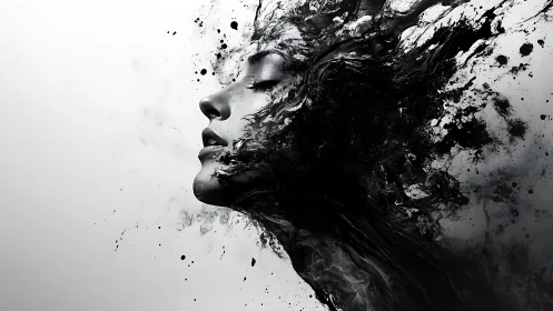 Side profile human face dissolves into abstract black ink