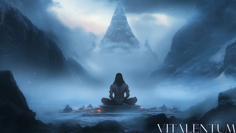 Silent ascetic holds vigil beneath a dream-carved peak.