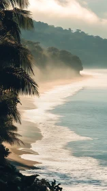 Golden mist rolls along secluded tropical surf line.