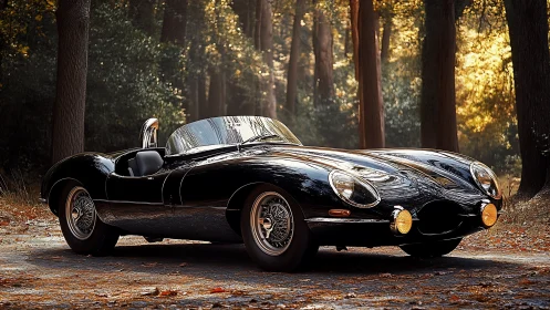 Classic black roadster parked in sunlit autumn forest.