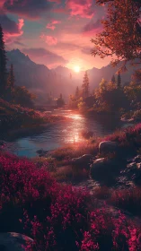 Sunlit mountain river glows beneath vivid pink twilight skies.
