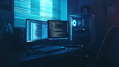 Dual monitor coding workstation emits cool blue light