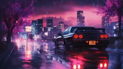 Rain-soaked skyline with sports car under neon night.