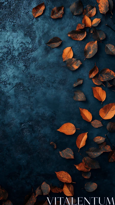 Orange autumn leaves scattered on dark textured blue background.