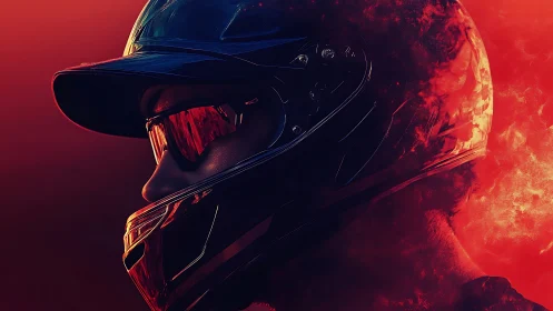 Motorcyclist profile wearing reflective visor in red light