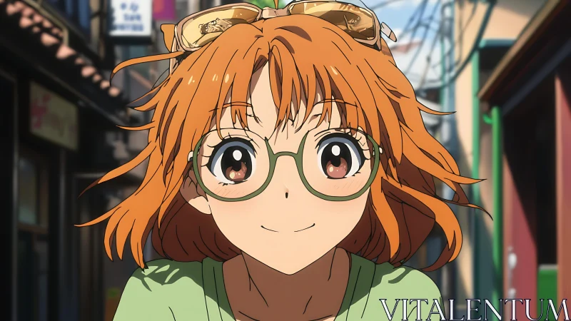 Smiling anime girl with glasses walks through sunny alleyway