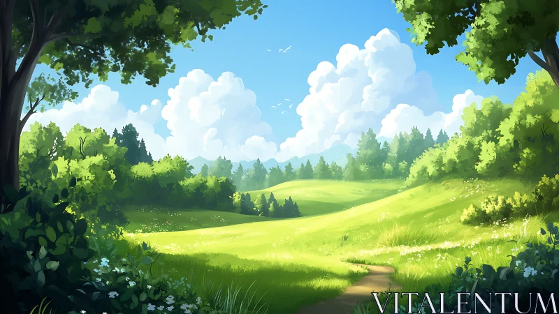 Sunlit meadow landscape curves beneath towering summer clouds