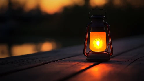 Rustic lantern glow on wooden table at soft sunset dusk.