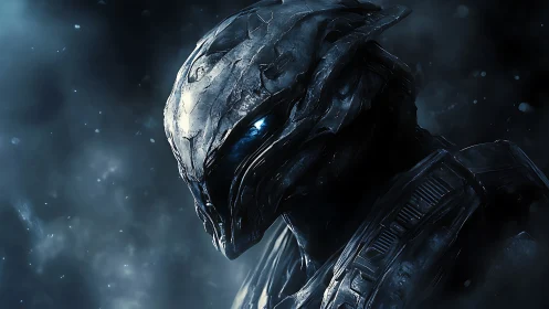 Extraterrestrial armored sentinel in cinematic blue rim light.