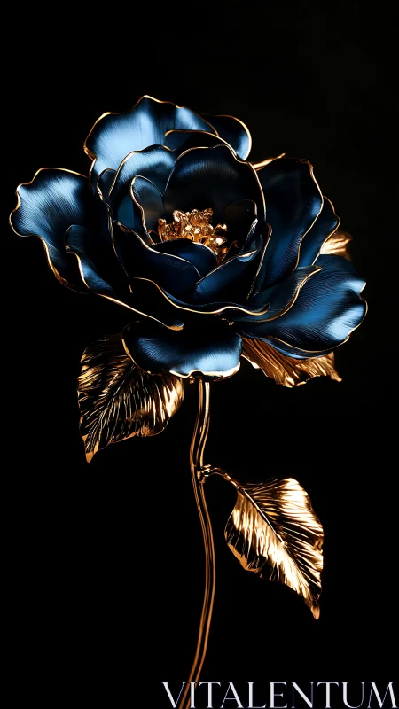 Gleaming blue rose with golden leaves in soft dark glow.